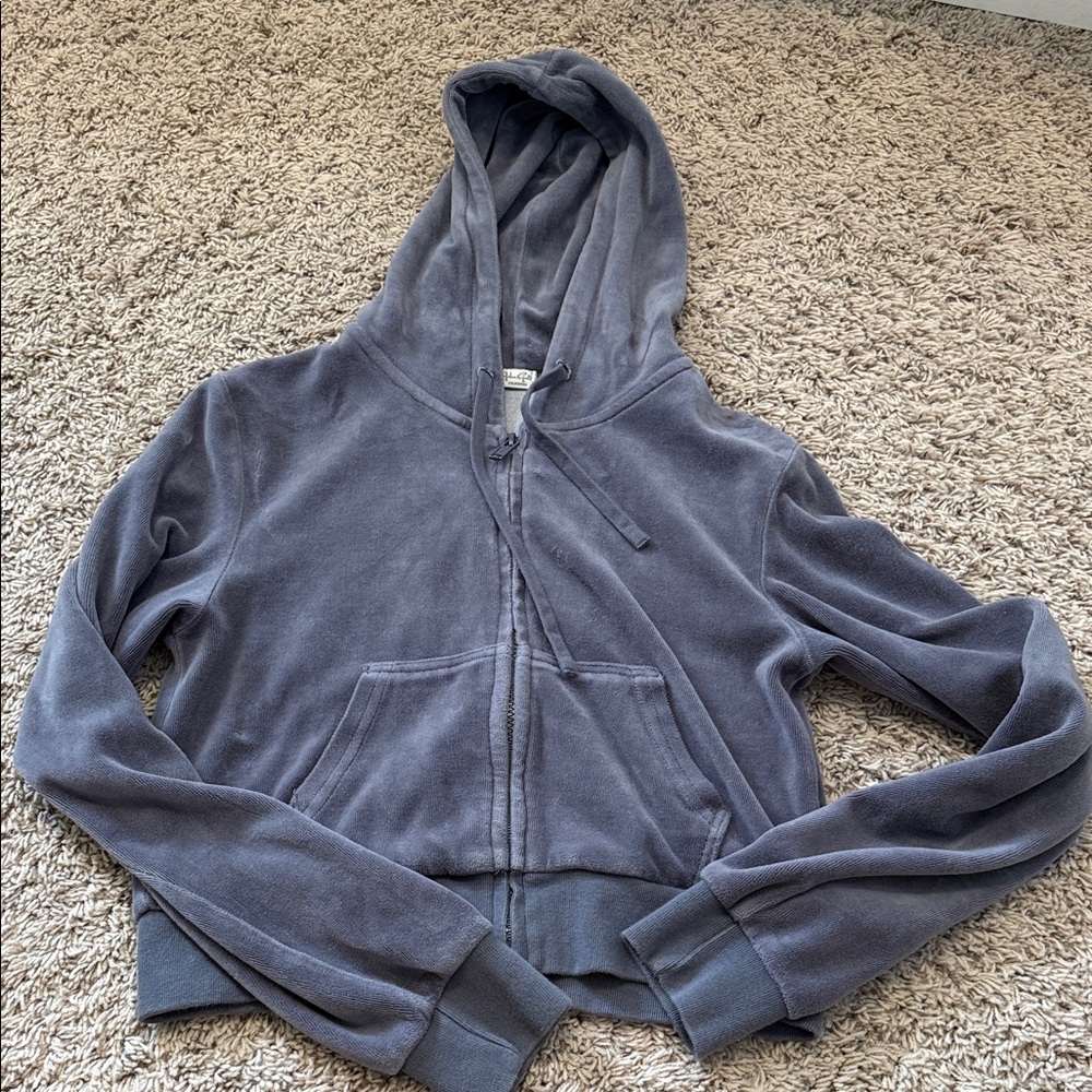 Women’s John Galt Brandy Melville grey velour crop hoodie zip sweatshirt O/S